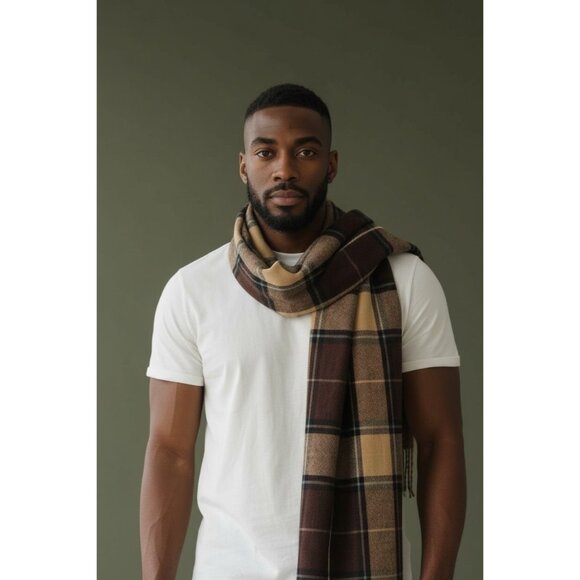 Vintage Cashmere Royal Rossi Plaid Scarf Brown Tan Black Wool Blend Fringe - Picture 6 of 6